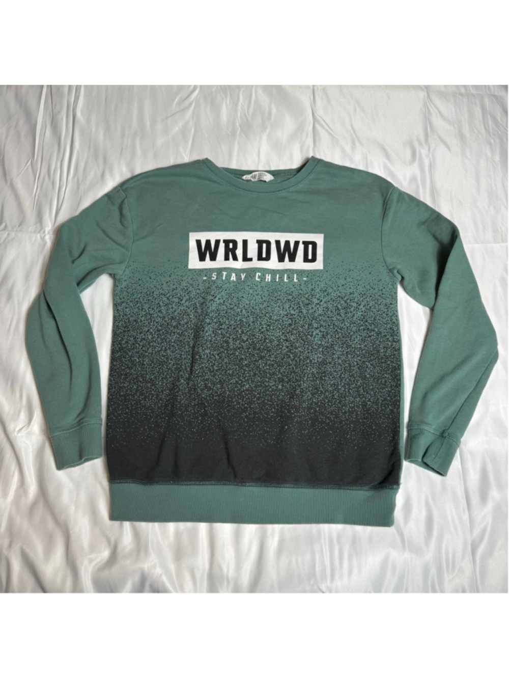 Boys H&M Sweatshirt Size 14 Green Black WRLDWD Stay Chill